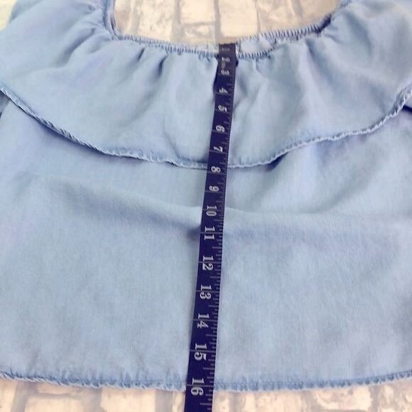 MNG Mango Blouse Off-the-shoulder Chambray Tiered Ruffle Short Sleeve Jean  XS - Picture 10 of 14